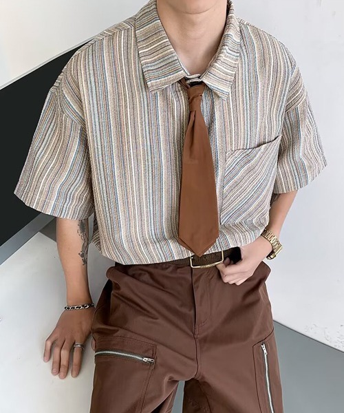 Ressaca（レサーカ）の「オーバーサイズストライプ柄半袖シャツ（シャツ/ブラウス・メンズ・ネイビー/ベージュ・L/M/XL）」の8枚目の写真