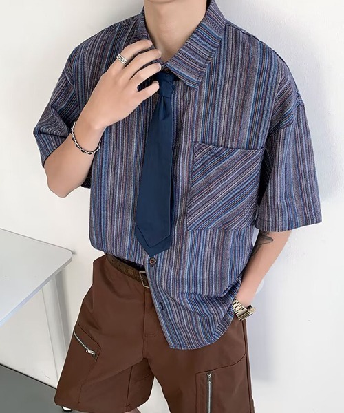 Ressaca（レサーカ）の「オーバーサイズストライプ柄半袖シャツ（シャツ/ブラウス・メンズ・ネイビー/ベージュ・L/M/XL）」の13枚目の写真