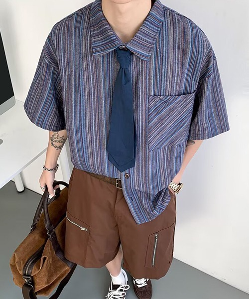 Ressaca（レサーカ）の「オーバーサイズストライプ柄半袖シャツ（シャツ/ブラウス・メンズ・ネイビー/ベージュ・L/M/XL）」の11枚目の写真