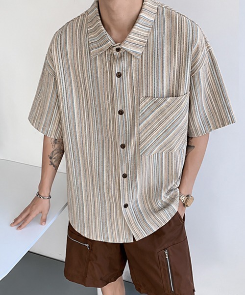 Ressaca（レサーカ）の「オーバーサイズストライプ柄半袖シャツ（シャツ/ブラウス・メンズ・ネイビー/ベージュ・L/M/XL）」の3枚目の写真