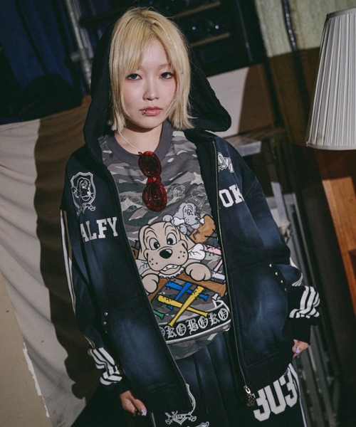 GALFY(ガルフィー)の「【GALFY】全力汚し部パーカー / 【ガルフィー】ラインジップパーカー(パーカー・メンズ・ブラック×ピンク/ブラック×ホワイト/グレー・L/XL)」の1枚目の写真