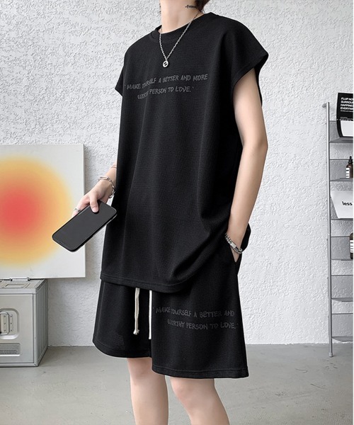 NEW GENTLEMAN(ニュージェントルマン)の「【2点SET】リブート ワッフル セットアップ ノースリT&ショーツ(Tシャツ/カットソー・メンズ・ブラック/ホワイト/グレー・XL/L/M)」の1枚目の写真