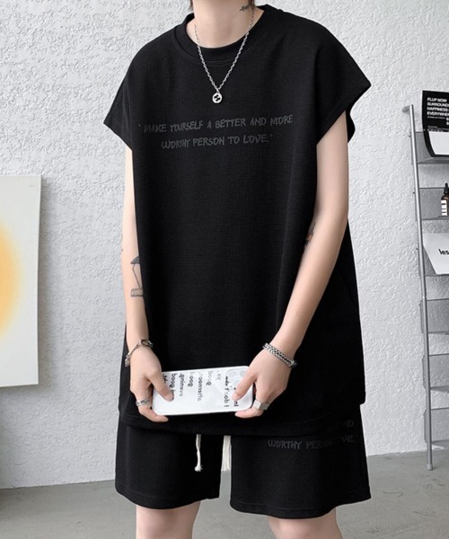 NEW GENTLEMAN(ニュージェントルマン)の「【2点SET】リブート ワッフル セットアップ ノースリT&ショーツ(Tシャツ/カットソー・メンズ・ブラック/ホワイト/グレー・XL/L/M)」の7枚目の写真