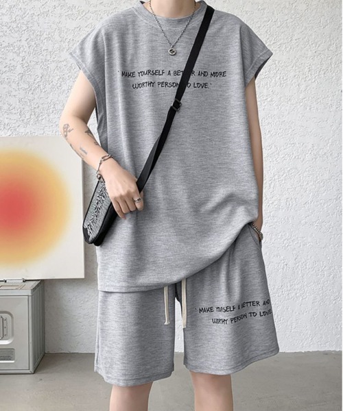 NEW GENTLEMAN(ニュージェントルマン)の「【2点SET】リブート ワッフル セットアップ ノースリT&ショーツ(Tシャツ/カットソー・メンズ・ブラック/ホワイト/グレー・XL/L/M)」の4枚目の写真