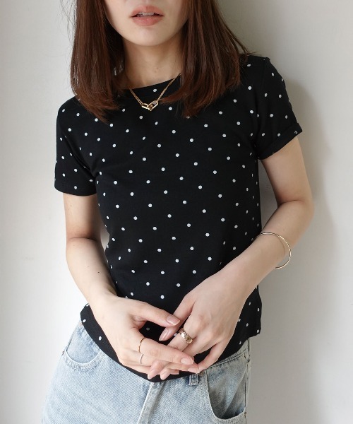 CORNERS(コーナーズ)の「ドット柄コンパクトTシャツ(Tシャツ/カットソー・レディース・ホワイト/ブラック・M)」の1枚目の写真