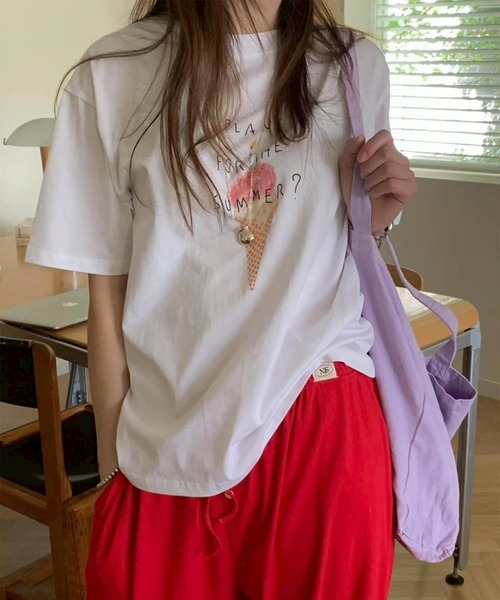 LYEON(リヨン)の「アイスクリームゆるTシャツ(Tシャツ/カットソー・レディース・グレー/オフホワイト・FREE)」の3枚目の写真