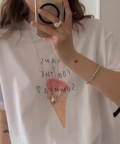 LYEON(リヨン)の「アイスクリームゆるTシャツ(Tシャツ/カットソー・レディース・グレー/オフホワイト・FREE)」の11枚目の写真