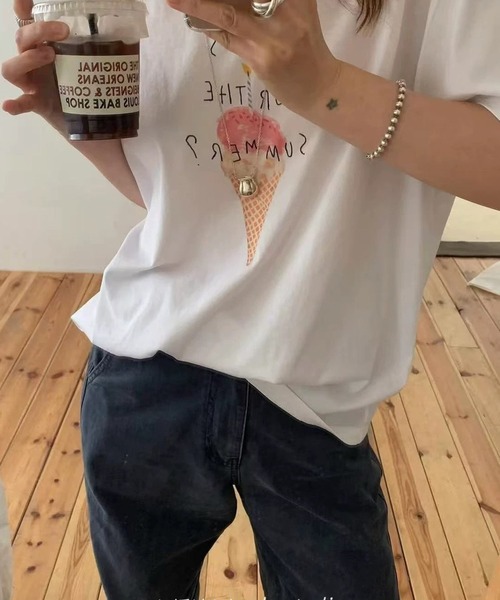 LYEON(リヨン)の「アイスクリームゆるTシャツ(Tシャツ/カットソー・レディース・グレー/オフホワイト・FREE)」の17枚目の写真
