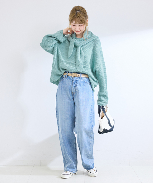B.C STOCK(ベーセーストック)の「《2点セット》手洗い可 / ストール付き透かし柄プルオーバー(ニット/セーター・レディース・サックスブルー/チャコールグレー/アイボリー・FREE)」の12枚目の写真
