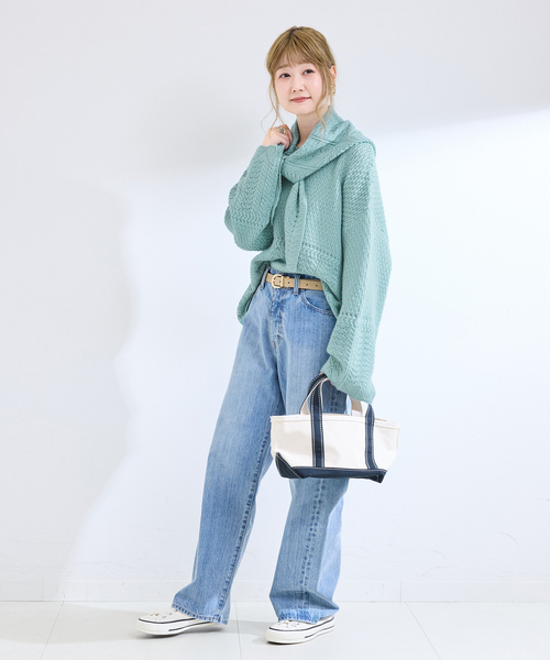B.C STOCK(ベーセーストック)の「《2点セット》手洗い可 / ストール付き透かし柄プルオーバー(ニット/セーター・レディース・サックスブルー/チャコールグレー/アイボリー・FREE)」の13枚目の写真