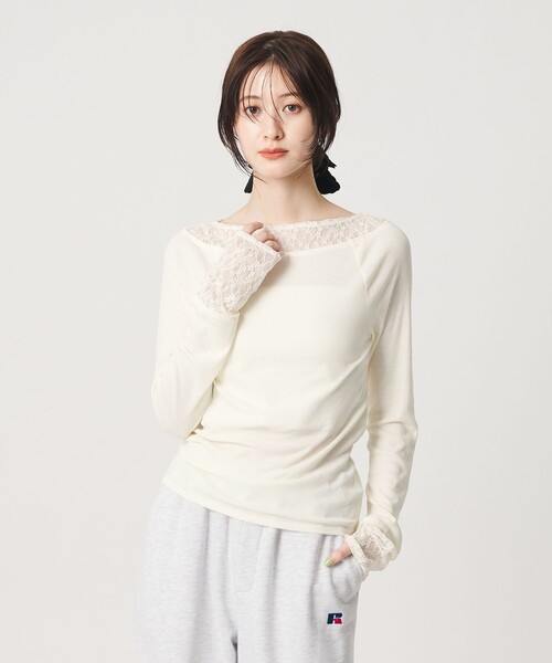 BEAUTY&YOUTH UNITED ARROWS(ビューティーアンドユースユナイテッドアローズ)の「レースドッキング ロングスリーブ カットソー(Tシャツ/カットソー・レディース・オフホワイト/ライトピンク/ダークグレー・FREE)」の2枚目の写真