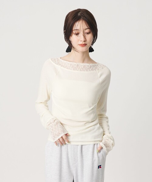 BEAUTY&YOUTH UNITED ARROWS(ビューティーアンドユースユナイテッドアローズ)の「レースドッキング ロングスリーブ カットソー(Tシャツ/カットソー・レディース・オフホワイト/ライトピンク/ダークグレー・FREE)」の7枚目の写真