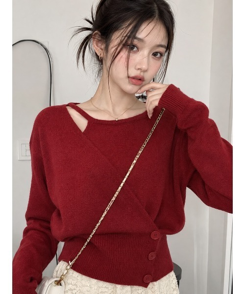 semuse(セミューズ)の「さりげチラ見せカシュクール釦付トップス(ニット/セーター・レディース・レッド/ピンク/イエロー/ホワイト/ブルー/ブラック・FREE)」の6枚目の写真
