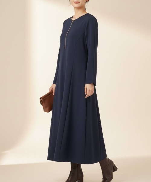 GIVERNY(ジヴェルニー)の「フロントゴールドジップ ダンボールニットAラインフレアロングワンピース(ワンピース・レディース・ベージュ/ネイビー・FREE)」の14枚目の写真