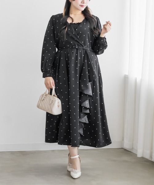 CLETTE(クレット)の「ドット柄カシュクール風フリルワンピース(ワンピース・レディース・ブラック/オフホワイト・3L/LL/4L)」の10枚目の写真