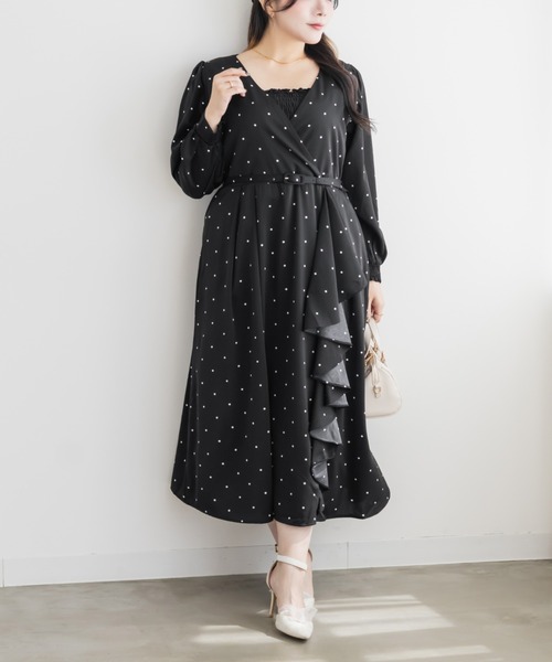 CLETTE(クレット)の「ドット柄カシュクール風フリルワンピース(ワンピース・レディース・ブラック/オフホワイト・3L/LL/4L)」の11枚目の写真