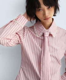 Stripe Lace Tie Shirt Pink