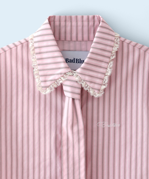 BadBlue(バッドブルー)の「Stripe Lace Tie Shirt Pink(シャツ/ブラウス・レディース・その他・FREE)」の3枚目の写真