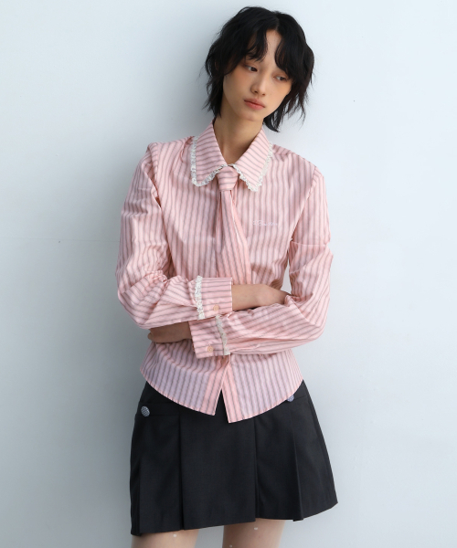 BadBlue(バッドブルー)の「Stripe Lace Tie Shirt Pink(シャツ/ブラウス・レディース・その他・FREE)」の4枚目の写真
