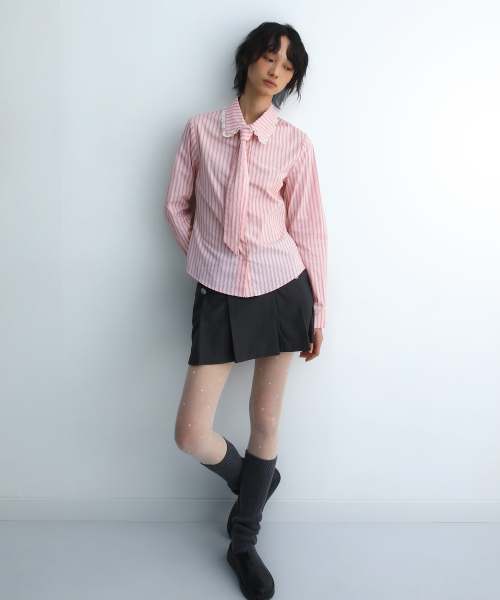 BadBlue(バッドブルー)の「Stripe Lace Tie Shirt Pink(シャツ/ブラウス・レディース・その他・FREE)」の6枚目の写真