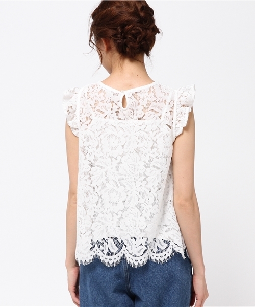 E hyphen world gallery（イーハイフンワールドギャラリー）の「・インナｰキャミ付きレｰスフリルプルオｰバｰ（Tシャツ/カットソー・レディース・オフホワイト/ブラック・FREE）」の5枚目の写真