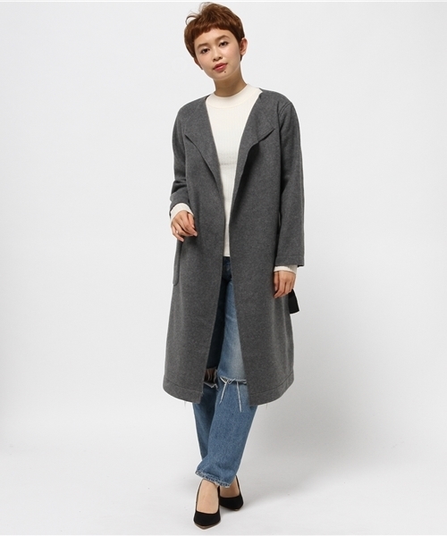 LBC(エルビーシー)の「ポリウールノーカラーニュアンス衿コート(ノーカラージャケット・レディース・ベージュ/ダークグレー・LARGE/MEDIUM)」の1枚目の写真