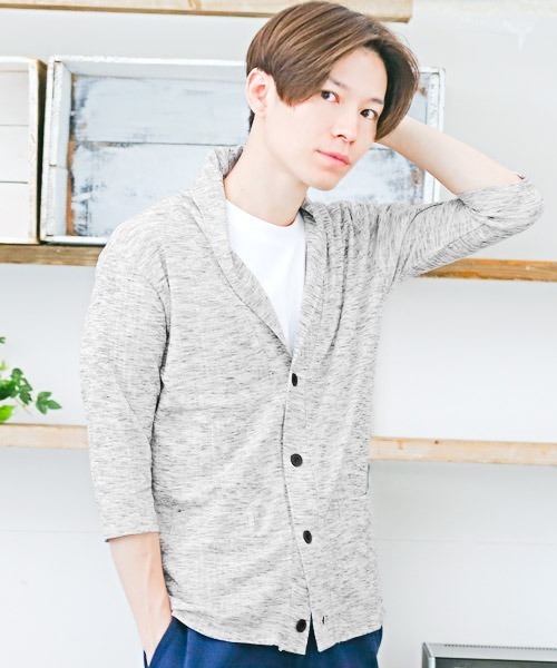 LUXSTYLE(ラグスタイル)の「ランダムテレコリブ7分袖ショールカラーカーディガン(カーディガン/ボレロ・メンズ・ホワイト/ブラック/ネイビー/グレー/レッド/ブルー/ブラック系その他/ワイン・M/L/XL)」の3枚目の写真