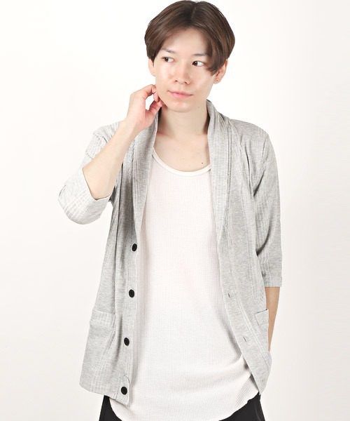 LUXSTYLE(ラグスタイル)の「ランダムテレコリブ7分袖ショールカラーカーディガン(カーディガン/ボレロ・メンズ・ホワイト/ブラック/ネイビー/グレー/レッド/ブルー/ブラック系その他/ワイン・M/L/XL)」の4枚目の写真