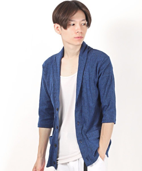LUXSTYLE(ラグスタイル)の「ランダムテレコリブ7分袖ショールカラーカーディガン(カーディガン/ボレロ・メンズ・ホワイト/ブラック/ネイビー/グレー/レッド/ブルー/ブラック系その他/ワイン・M/L/XL)」の6枚目の写真