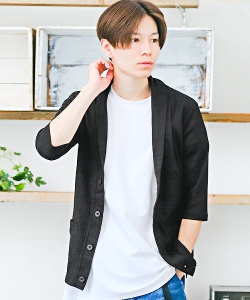 LUXSTYLE(ラグスタイル)の「ランダムテレコリブ7分袖ショールカラーカーディガン(カーディガン/ボレロ・メンズ・ホワイト/ブラック/ネイビー/グレー/レッド/ブルー/ブラック系その他/ワイン・M/L/XL)」の2枚目の写真