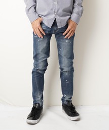 ブリーチダメージ加工スキニーストレッチデニムパンツ(RE)
