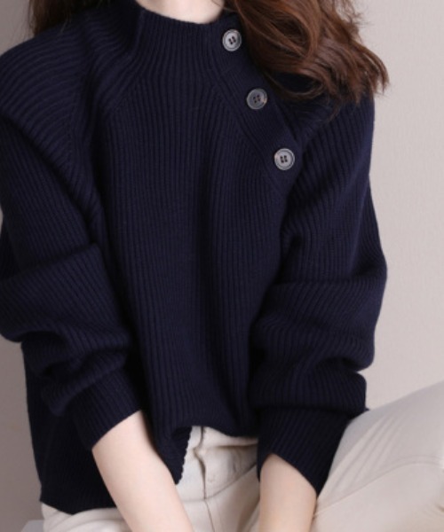 ABITOKYO（アビトーキョー）の「ハイネックサイドボタンリブニットプルオーバー（ニット/セーター・レディース・ホワイト/ネイビー/ブラウン/ブラック/ベージュ/ブルーグレー/カーキ・FREE）」の11枚目の写真