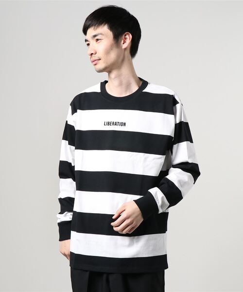 Bling Leads（ブリングリーズ）の「16/- 天竺 極太ボーダー プロッキープリント クルーネック ロング Tシャツ（Tシャツ/カットソー・メンズ・ブルー系/ベージュ系/オレンジ系その他/ブラック系・L/M）」の2枚目の写真