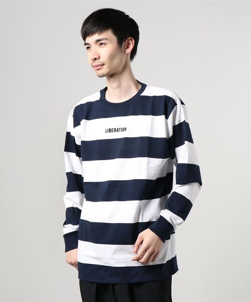 Bling Leads（ブリングリーズ）の「16/- 天竺 極太ボーダー プロッキープリント クルーネック ロング Tシャツ（Tシャツ/カットソー・メンズ・ブルー系/ベージュ系/オレンジ系その他/ブラック系・L/M）」の3枚目の写真