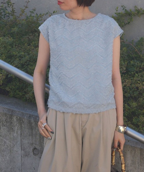 NICOLE white（ニコルホワイト）の「フロントフリンジジャガードブラウス（シャツ/ブラウス・レディース・オフホワイト/サックスブルー・FREE）」の2枚目の写真