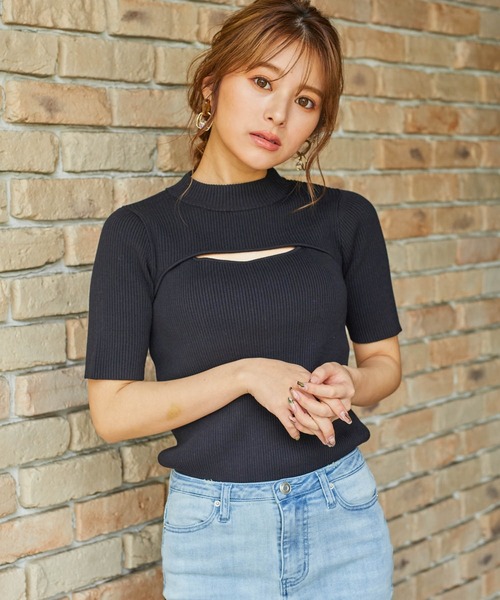 LIPSERVICE（リップサービス）の「ショートモックレイヤードニット（ニット/セーター・レディース・ホワイト/ブラック/グレー/イエロー×グリーン・FREE）」の3枚目の写真