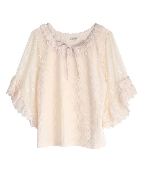 axes femme(アクシーズファム)の「レース×リボン袖PO(Tシャツ/カットソー・レディース・サックスブルー/ブラック/キナリ/モカ/グリーン・MEDIUM)」の2枚目の写真