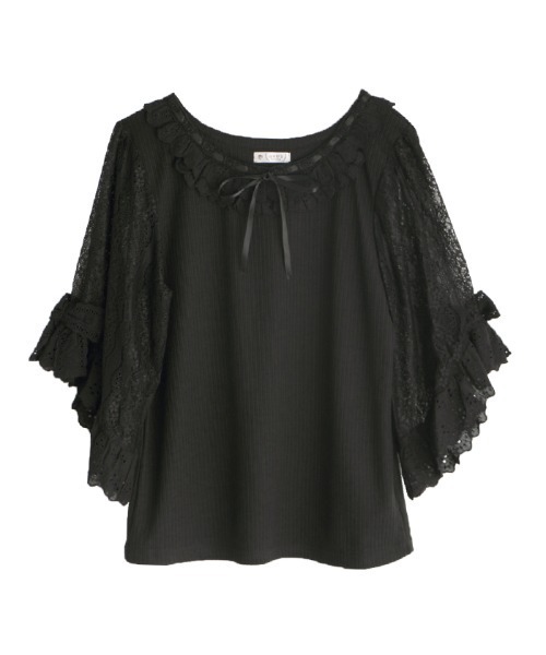 axes femme(アクシーズファム)の「レース×リボン袖PO(Tシャツ/カットソー・レディース・サックスブルー/ブラック/キナリ/モカ/グリーン・MEDIUM)」の3枚目の写真