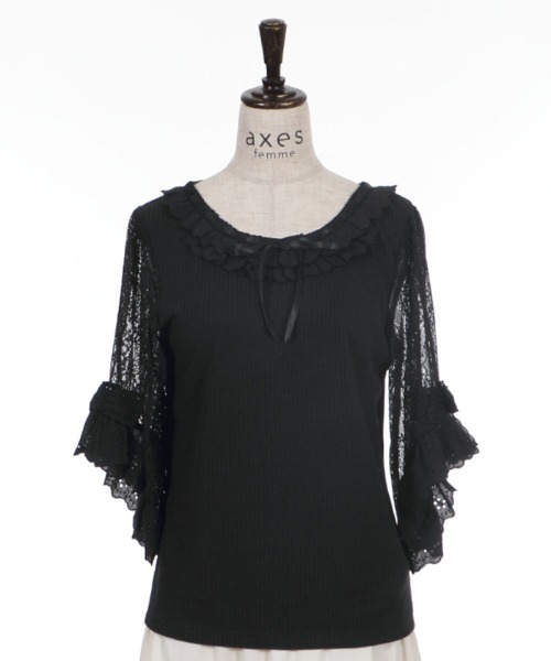 axes femme(アクシーズファム)の「レース×リボン袖PO(Tシャツ/カットソー・レディース・サックスブルー/ブラック/キナリ/モカ/グリーン・MEDIUM)」の18枚目の写真