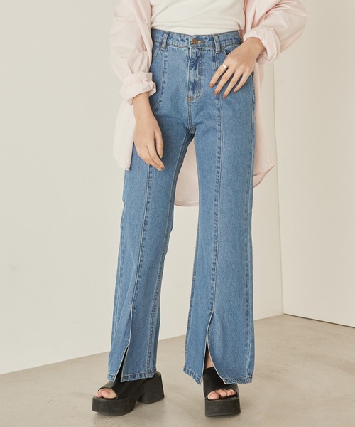 mikke(ミッケ)の「カツラギデニム フロントスリット フレアパンツ(デニムパンツ・レディース・チャコールグレー/ライトブルー/ネイビー/カーキ/ブルー/キナリ・S/M/L)」の6枚目の写真