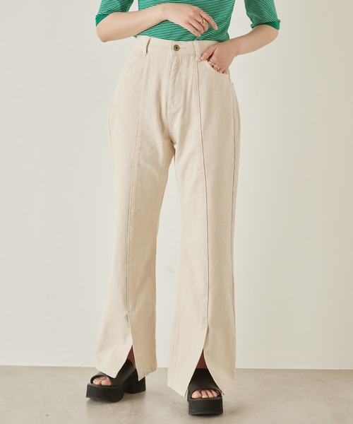 mikke(ミッケ)の「カツラギデニム フロントスリット フレアパンツ(デニムパンツ・レディース・チャコールグレー/ライトブルー/ネイビー/カーキ/ブルー/キナリ・S/M/L)」の2枚目の写真