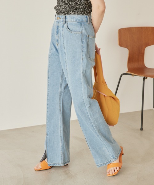 mikke(ミッケ)の「カツラギデニム フロントスリット フレアパンツ(デニムパンツ・レディース・チャコールグレー/ライトブルー/ネイビー/カーキ/ブルー/キナリ・S/M/L)」の5枚目の写真