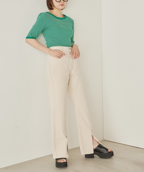 mikke(ミッケ)の「カツラギデニム フロントスリット フレアパンツ(デニムパンツ・レディース・チャコールグレー/ライトブルー/ネイビー/カーキ/ブルー/キナリ・S/M/L)」の13枚目の写真