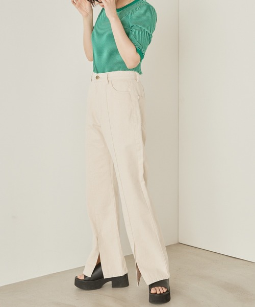 mikke(ミッケ)の「カツラギデニム フロントスリット フレアパンツ(デニムパンツ・レディース・チャコールグレー/ライトブルー/ネイビー/カーキ/ブルー/キナリ・S/M/L)」の14枚目の写真