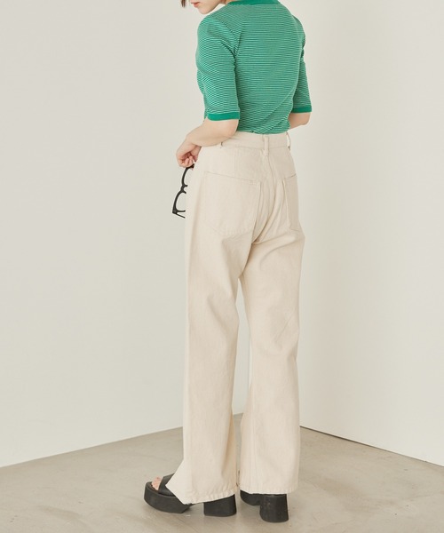 mikke(ミッケ)の「カツラギデニム フロントスリット フレアパンツ(デニムパンツ・レディース・チャコールグレー/ライトブルー/ネイビー/カーキ/ブルー/キナリ・S/M/L)」の15枚目の写真