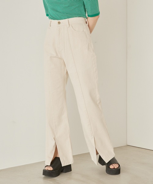 mikke(ミッケ)の「カツラギデニム フロントスリット フレアパンツ(デニムパンツ・レディース・チャコールグレー/ライトブルー/ネイビー/カーキ/ブルー/キナリ・S/M/L)」の17枚目の写真