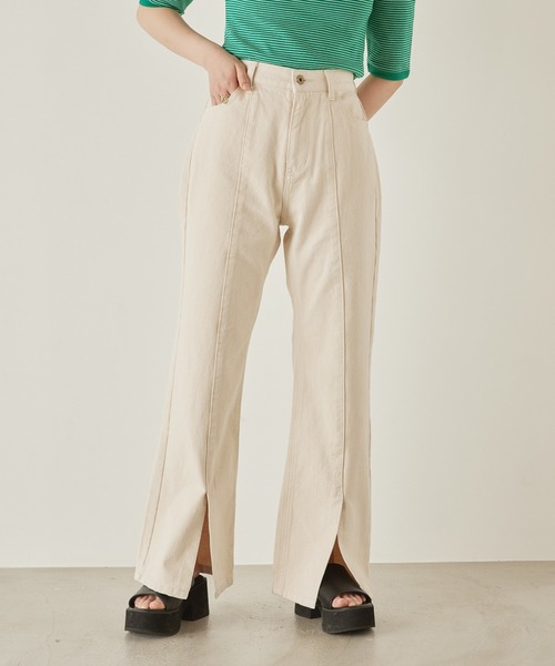 mikke(ミッケ)の「カツラギデニム フロントスリット フレアパンツ(デニムパンツ・レディース・チャコールグレー/ライトブルー/ネイビー/カーキ/ブルー/キナリ・S/M/L)」の10枚目の写真