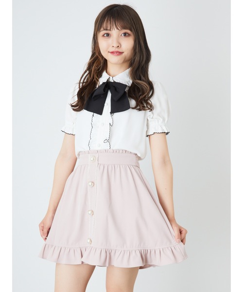 Ank Rouge（アンクルージュ）の「フロントパールギャザーヘムスカート（スカート・レディース・A/ブラック/ピンク・M）」の2枚目の写真