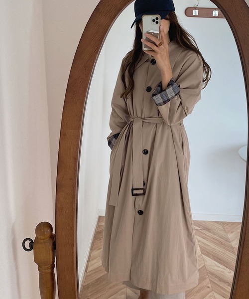 裏チェックロングトレンチコート