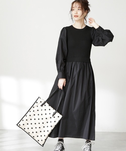 N.(N. Natural Beauty Basic)(エヌエヌナチュラルビューティーベーシック)の「◆ニットドッキングコットンワンピース(ワンピース・レディース・ブラック/モカ/ブルー・MEDIUM)」の2枚目の写真